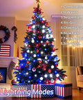 Home scene featuring a lit Christmas tree with Red White And Blue Outdoor String Lights 2 Pack With Timer 100 LED Total About 33 Ft Waterproof Battery Operated For 4th Of July Memorial Day And Patriotic Decor With 8 Modes
