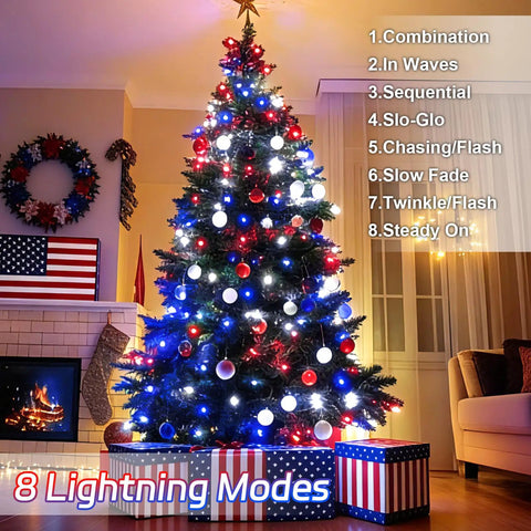 Home scene featuring a lit Christmas tree with Red White And Blue Outdoor String Lights 2 Pack With Timer 100 LED Total About 33 Ft Waterproof Battery Operated For 4th Of July Memorial Day And Patriotic Decor With 8 Modes