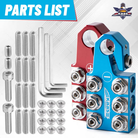 Colored Battery Terminal Clamps Set With Red Positive And Blue Negative Anode Tops, 12 Way Tapered Top Post, parts displayed
