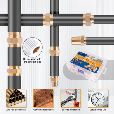 Brass Pipe Fittings Hex Nipple Kit 30 Piece With NPT sizes for DIY plumbing with Teflon tape, includes corrosion-resistant solid brass fittings