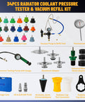 34-piece radiator coolant pressure tester kit with gauge, vacuum purge tool, color-coded caps, adapters, and case