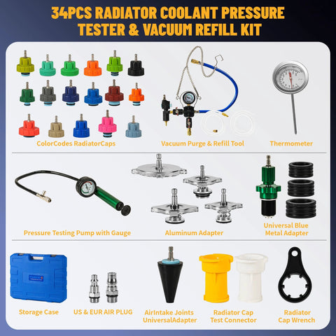 34-piece radiator coolant pressure tester kit with gauge, vacuum purge tool, color-coded caps, adapters, and case