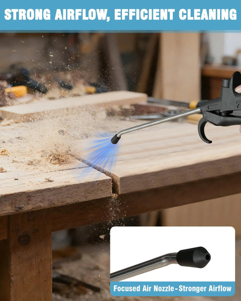 Heavy Duty Air Blow Gun With Long Nozzle Pumps Out Serious Compressor Air to blast away shop dust on wood