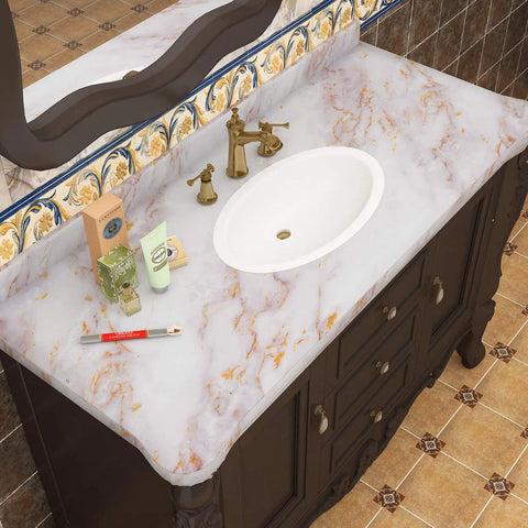 Bathroom vanity with Matte Gold Marble Countertop Contact Paper Peel And Stick Wallpaper For Kitchen And Bathroom Vanities Waterproof Durable Vinyl 15.8x394 Inches Removable Self Adhesive For Easy DIY Install No Mess Trim Lines showing toiletries and a built-in sink