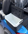 Rolling In Style Two Seater Electric Golf Cart With 48V Lithium Battery And No Sweat All Terrain Handling In Bright Blue For Easy Riding Around Parks Residences And Private Estates, featuring a storage compartment.