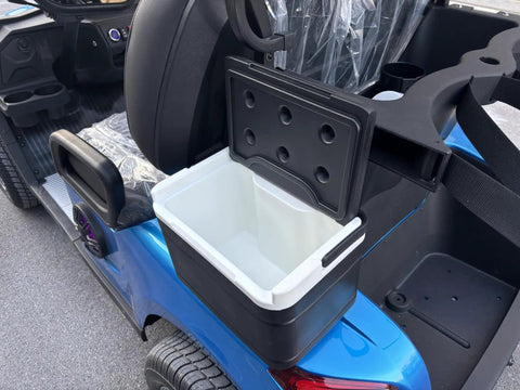 Rolling In Style Two Seater Electric Golf Cart With 48V Lithium Battery And No Sweat All Terrain Handling In Bright Blue For Easy Riding Around Parks Residences And Private Estates, featuring a storage compartment.