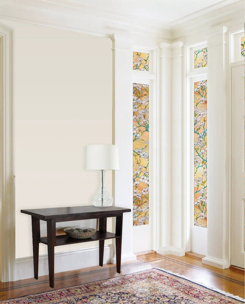 Dogwood Sidelight Window Film With Stained Glass Vibe Orange Embossed Privacy Film 11.5 X 78 Inch Static Cling installed on doors