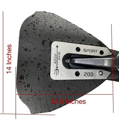 Whale Tail Hydrofoil Stabilizer For Boat Outboards 8 To 40 HP Fits Yamaha Mercury Johnson Evinrude Honda Tohatsu Suzuki Sport 200 Model For Smoother Planing And A Tighter More Stable Ride with water droplets and measurements 14 x 13.5 inches.