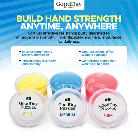 Hand Therapy Putty 3 Piece Set For Grip Strength, Stress Relief And Sensory Therapy For Adults, soft medium firm putty