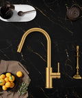 Pull Down Kitchen Faucet With Sprayer In Matte Gun Black Finish Black Stainless Sink Faucet For Kitchen Or Bar on dark marble counter