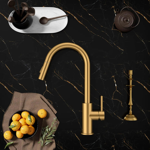 Pull Down Kitchen Faucet With Sprayer In Matte Gun Black Finish Black Stainless Sink Faucet For Kitchen Or Bar on dark marble counter