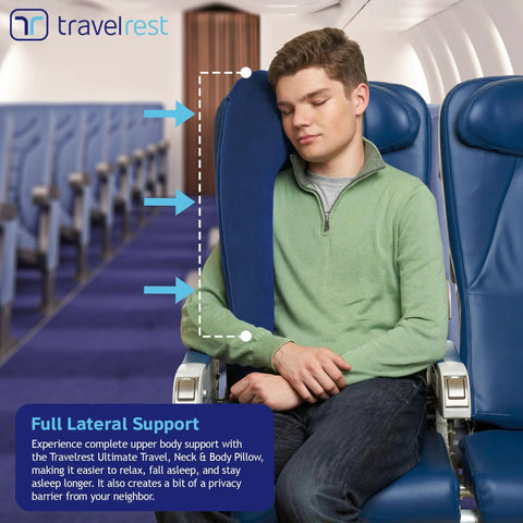 Man sleeping on airplane seat using Ultimate Travel Neck And Body Pillow With Memory Foam And Velour Cover, rolled for support.