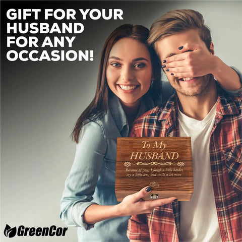 Couple holding pine box with heartfelt message, part of Engraved Whiskey Glass Gift Set For Husband With Whiskey Stones In A Pine Box Romantic Anniversary Present For Him A Keepsake He Will Totally Love For Birthdays Or Weddings.