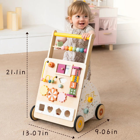 Flat Out Favorite For Little Kiddos With This Wooden Baby Walker Activity Center with vibrant sensory modules for kids.