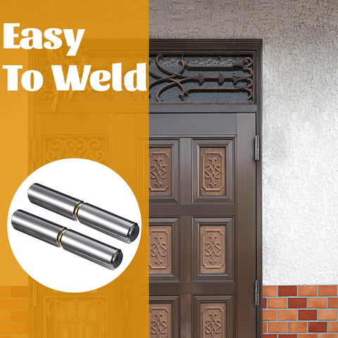 24 Pack Weld On Bullet Hinge 3 Inch Heavy Duty Weldable Barrel Hinge for metal gates and trailer ramps, shown near a door.