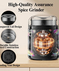 One Touch Electric Spice Grinder 200W Power With Stainless Steel Blades Sleek Black Pattern Design, shown with transparent lid.