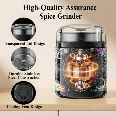 One Touch Electric Spice Grinder 200W Power With Stainless Steel Blades Sleek Black Pattern Design, shown with transparent lid.