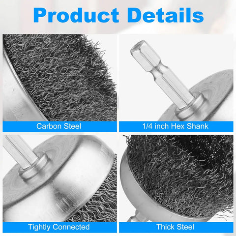 Close-up of carbon steel wire brush with 1/4 inch hex shank from the 9 Pack Drill Wire Brush Set With One Quarter Inch Hex Shank For Rust Removal And Tough Scrub On Surfaces Cup Wheel And Pen Brushes In Carbon Steel The Go To Auto Shop And DIY Cleaning Kit.
