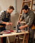 Two men using the Heavy Duty Drill Powered Copper Wire Stripper Portable Hand Crank Peeler Tool for cable stripping.