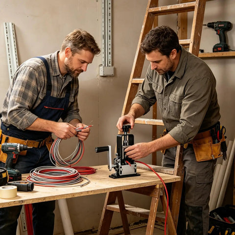 Two men using the Heavy Duty Drill Powered Copper Wire Stripper Portable Hand Crank Peeler Tool for cable stripping.