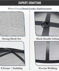 Close-up details of Round Fire Pit Spark Screen Compatible With Bonfire Size Pits Carbon Steel Mesh Cover With Easy Lift Hook And Bonfire Shield Removal Tool For Safe Embers Free No Sweat By The Fire