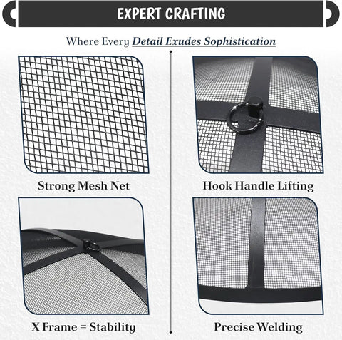Close-up details of Round Fire Pit Spark Screen Compatible With Bonfire Size Pits Carbon Steel Mesh Cover With Easy Lift Hook And Bonfire Shield Removal Tool For Safe Embers Free No Sweat By The Fire
