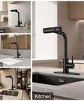 Slick Matte Black Waterfall Kitchen Faucet With Pull Down Sprayer And Matching Soap Dispenser Straight Up Versatile Three Function Stream Spray Mode in kitchen, RV, utility, and laundry settings.