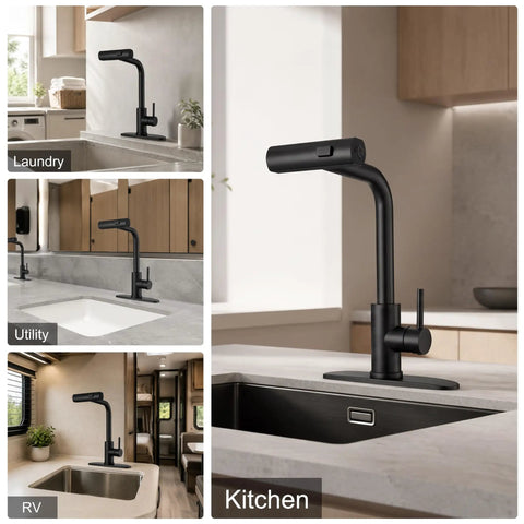 Slick Matte Black Waterfall Kitchen Faucet With Pull Down Sprayer And Matching Soap Dispenser Straight Up Versatile Three Function Stream Spray Mode in kitchen, RV, utility, and laundry settings.