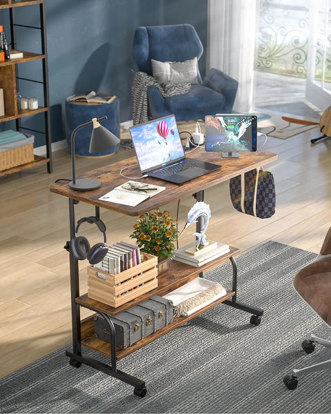 Rolling Standing Desk With Power Outlets And USB Ports, 32 Inch Manual Height Adjustable Mobile Computer Desk On Wheels, Sit Stand Laptop Couch Table For Bed And Sofa, Rustic Brown with laptop and accessories