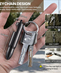 Hand holding Two Pack Bullet Permanent Match Lighter With Bottle Opener, Glass Breaker, And Keychain next to keys for size reference.