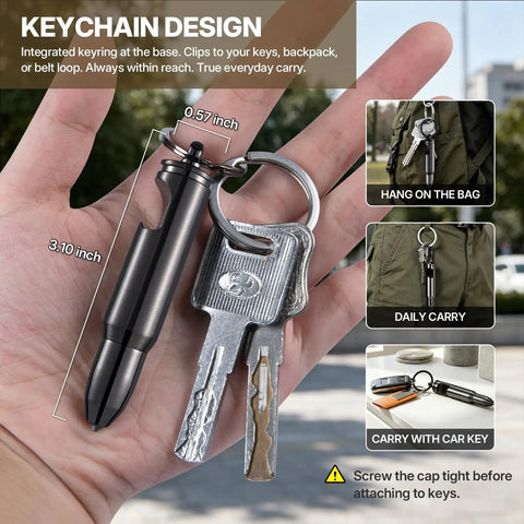 Hand holding Two Pack Bullet Permanent Match Lighter With Bottle Opener, Glass Breaker, And Keychain next to keys for size reference.