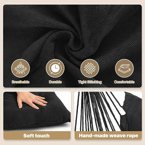 Close-up of Cozy Hammock Chair With Two Cushions Hanging Rope Swing For Indoor Outdoor Patio Black Boho Macrame material detail.