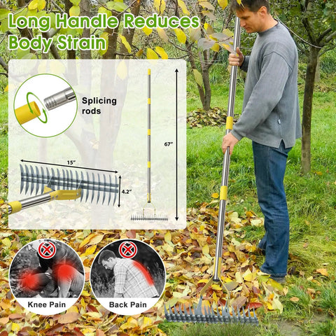 Man using 55 Inch Long Stainless Steel 2 In 1 Thatch Rake For Lawn With Sharp Dethatching Blade And Manual Scarifier Tool