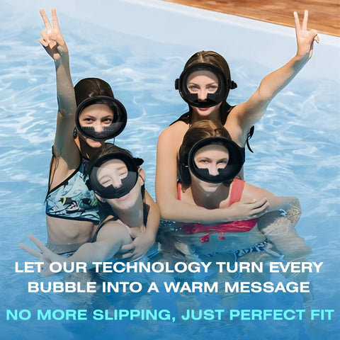 Group of women in pool wearing Diving Mask For Scuba Snorkeling And Freediving With Anti Fog Tempered Glass HD Wide View Lens Comfortable Water Goggles For Adults Your Go To Gear For Spearfishing And Underwater Adventures, showing perfect fit and anti-slip design.