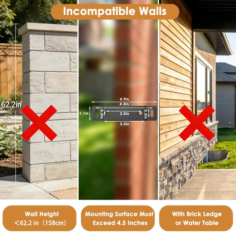 Diagram showing mounting restrictions for Side Awning 118 By 71 Inches Retractable Privacy Screen on incompatible walls.