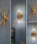 Dope Gold Sunburst Wall Sconce Two Light Fixture for Bathroom and Living Spaces, brass mid-century modern wall light installation.