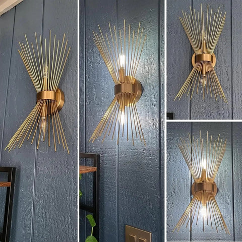 Dope Gold Sunburst Wall Sconce Two Light Fixture for Bathroom and Living Spaces, brass mid-century modern wall light installation.