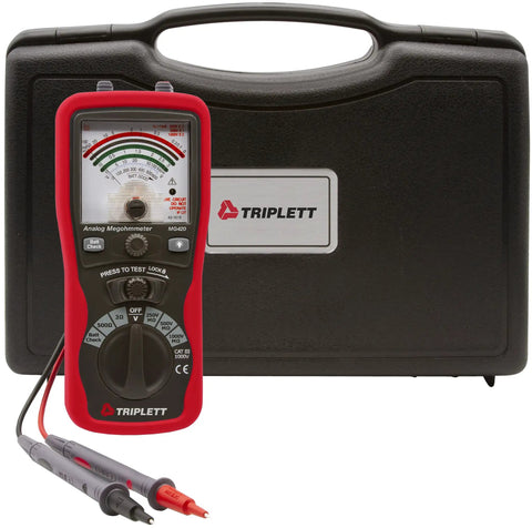 Analog Insulation Resistance Tester Megohmmeter With 400MOhm Range And 250V 500V 1000V Test Voltages next to carrying case