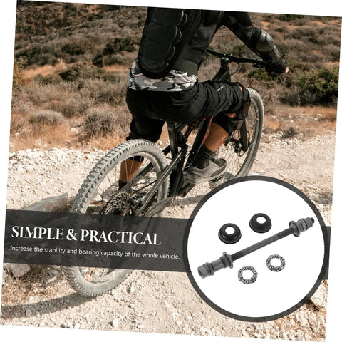 Beefy Heavy Duty Solid Rear Axle Kit For Mountain Bikes With Hub Ball Bearings, shown with mountain bike and terrain