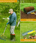 15-Inch Steel Thatch Rake for lawn dethatching and soil loosening, versatile garden tool in use with dead grass, leaves, and sod.