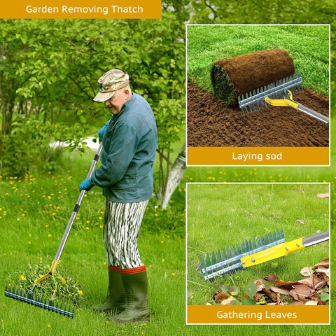 15-Inch Steel Thatch Rake for lawn dethatching and soil loosening, versatile garden tool in use with dead grass, leaves, and sod.