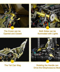 Totally Mechanical Dino Building Kit With LED Light And Movable Gears Display Stand 1277 Pieces For Teens And Adults Cyberpunk Biomechanical Dilophosaurus Model close-up of lit gears