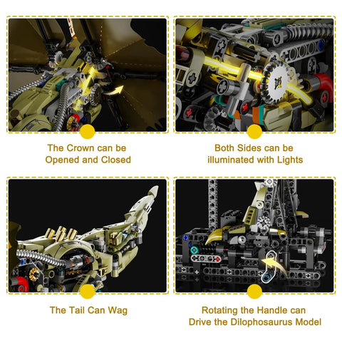 Totally Mechanical Dino Building Kit With LED Light And Movable Gears Display Stand 1277 Pieces For Teens And Adults Cyberpunk Biomechanical Dilophosaurus Model close-up of lit gears