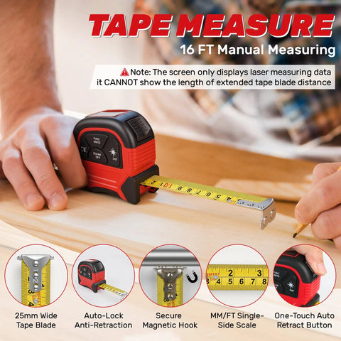 2 In 1 Digital Laser Tape Measure With 196ft Laser Distance And 16ft Manual Tape USB Rechargeable For Long Distance Measuring On Job Sites Home Renovation And Warehouses, 16ft tape in use