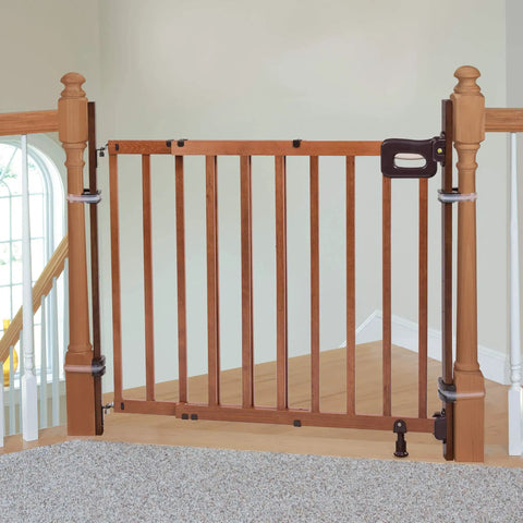 Banister To Banister Gate Mounting Kit For Round Or Square Banisters Up To 37 Inches Tall installed on wooden staircase