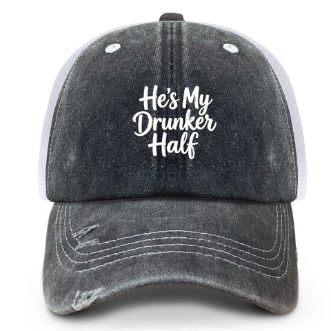 Men's Adjustable Outdoor Trucker Hat With Breathable Mesh featuring 'He's My Drunker Half' embroidery, front view.