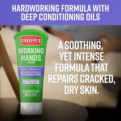 Night Treatment Hand Cream For Extremely Dry And Cracked Hands, 7 oz tube on table with text highlighting benefits