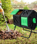 Dual Chamber Compost Tumbler with 34.5 Gallon Capacity, outdoor rotating composter with aeration and two sliding doors in garden