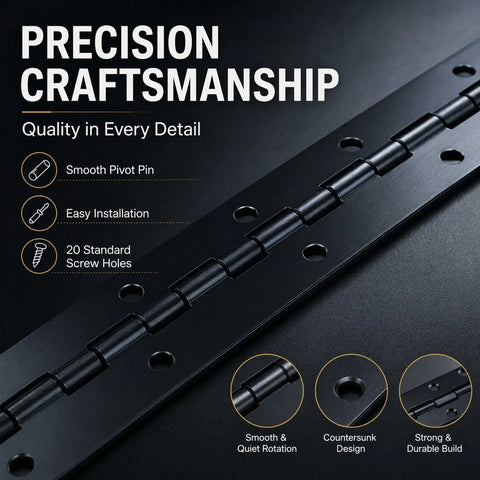 16 Inch Continuous Piano Hinge Heavy Duty Black Steel Hinges for Cabinets Doors Boxes Furniture 4 Pack showing smooth pivot pin and screw holes.