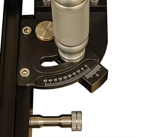 Close-up of Miter Slide II Precision Miter Slot Accessory with heavy duty locking handle and dual aluminum tracks for router tables.